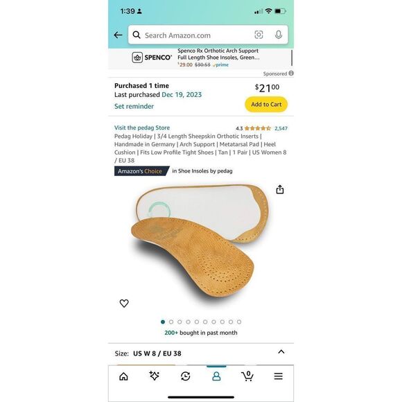 NEW Women's Size 8 Orthopedic Shoe Insole Inserts Arch Support Leather Comfort - Picture 5 of 11